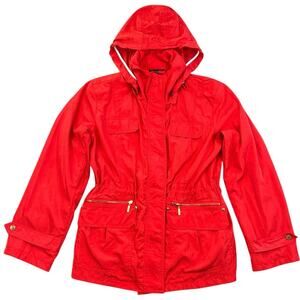 British Khaki Red Hooded Utility Field Jacket Removable Hood Lightweight - M